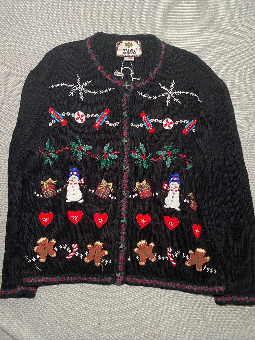 Tiara International Vtg Christmas Knit Cardigan Sweater Gingerbread Snowman L